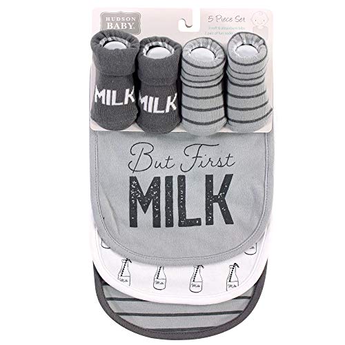 Image of Hudson Baby Unisex Baby Cotton Bib and Sock Set, But First Milk, One Size
