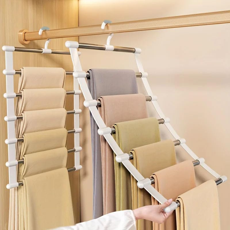 Image of Xmart India 5 Layer Folding Pants Hangers - Stainless Steel Multi-Tier Closet Organizer Space-Saving Hanger for Jeans, Trousers, Leggings Multi-Layer Pant Organizer for Wardrobe, Clothes (2 Pcs)