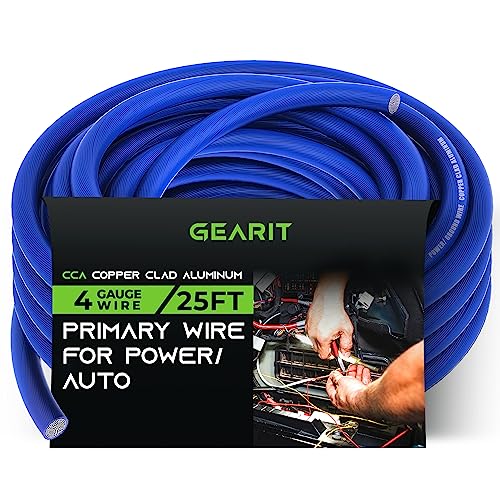 GEARit 4 Gauge Wire (25ft - Blue Translucent) Copper Clad Aluminum CCA - Primary Automotive Wire Power/Ground, Battery Cable, Car Audio Speaker, RV Trailer, Amp, Electrical 4ga AWG 25 Feet