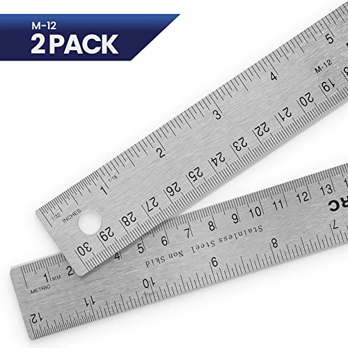 2 Pack Pacific Arc Stainless Steel 12 Inch Metal Ruler Non-Slip Cork Back, with Inch and Metric Graduations