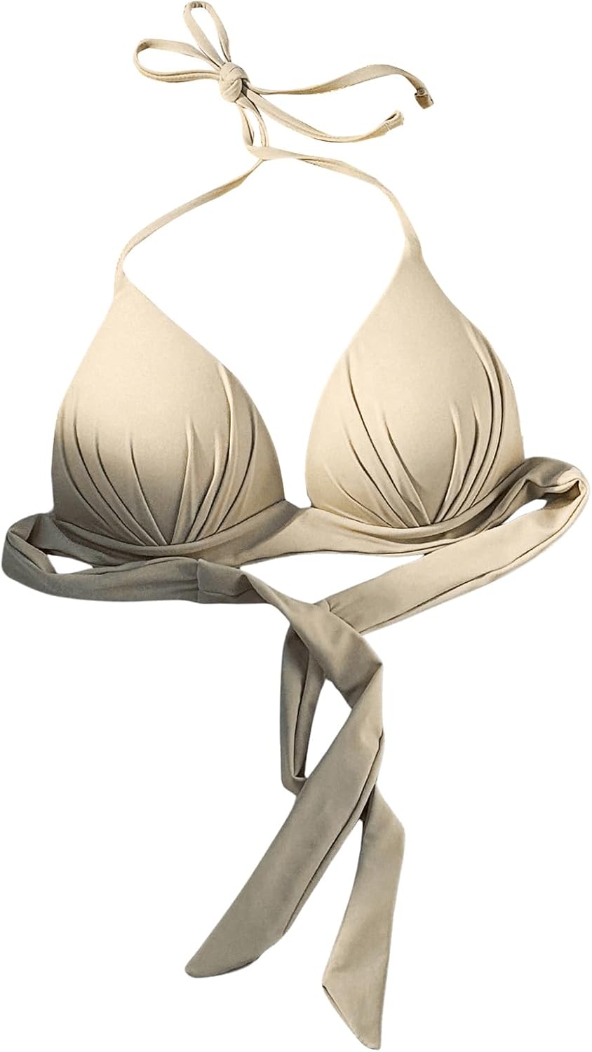 MakeMeChic Women's Halter Bikini Top Tie Back Push Up Backless Triangle Swimsuit Top Beachwear