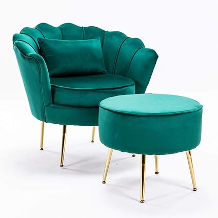 Green velvet chair and footstool Clearance