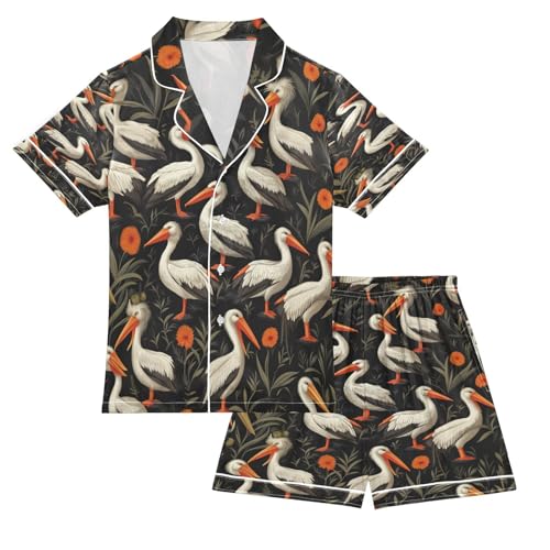 Satin Pajama Sets Short Sleeve Birds Among Orange Flowers Button Down Silky Nightwear 2 Piece PJS 5-14Y