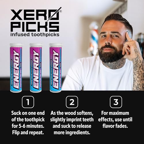 Image of Xero Picks Energy Caffeine Flavored Toothpicks B12 for Focus & B6, 60 Picks (Pack of 3) (Blue Raspberry) Sugar-Free Alternative to Energy Mints & Gum - Kosher