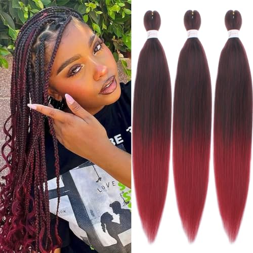 Leeven 3 Packs Ombre Red Pre Stretched Braiding Hair 30 Inch Yaki Texture Brading Hair Extensions for Box Braids Red Crochet Hair Extensions for Braiding /1B900#