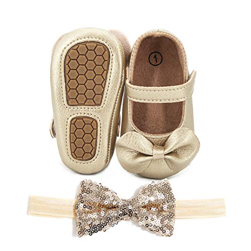 BENHERO Baby Girls Mary Jane Flats with Bowknot Non-Slip Toddler First Walkers Princess Dress Shoes(6-12Months Infant),T-Gold