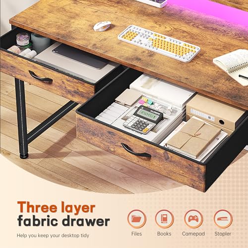 Image of Gaming Desk with LED Lights & 2 Fabric Drawers, 39.4Inch Home Office Computer Desk with Side Pocket & Ergonomic Monitor Stand, Small Space Study Writing Table with Anti-Tip Design, Rustic Brown