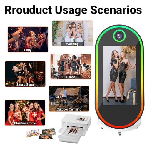 Image of Magic Mirror Photo Booth, 60-32in Interactive Touch Screen Oval Photo Booth Machine,Remote Control RGB Light,Idea Instant Printing and Share for Event Rental Party (White Booth + Camera + Printer)