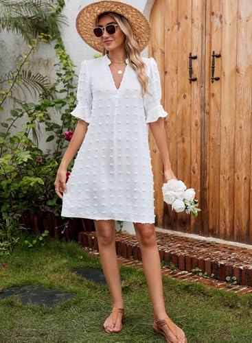 Image of QACOHU Summer Dresses for Women V Neck Ruffle Short Sleeve Casual Shift Dress