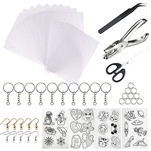 Hot Deals Woohome 52 PCS Heat Shrink Plastic Sheet Kit, 19 PCS Heat Shrink Paper with Hole Punch, Keychains, Ear Hook and Tweezers for Adults Kids Creative Craft School Project