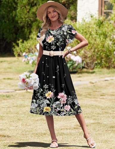 Image of HOTOUCH Women's Summer A-Line Midi Dresses 2026 Casual Floral Short Sleeve T-Shirt Dress Flowy Beach Sundress with Pockets