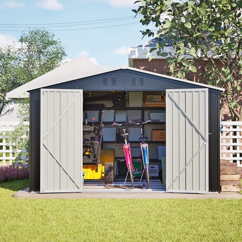 Fppuueg Cobertizo de Jardín Exterior 6.91 m² 300x252x191 cm, Cobertizo de Almacenamiento con Techo Inclinado, Metálico Caseta de Jardín con Puerta y Ventilación, Casa de Herramientas, Negro