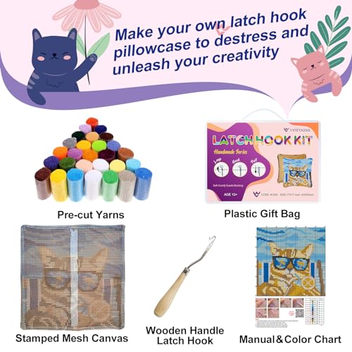 Image of veirousa Orange Cat Latch Hook Kits for Adults, Beginners DIY Hooked Pillow Kit Pre-Printed Pillowcase Hook and Latch Rug Kits Cross-Stitch Cushion Cover for Home Sofa Decoration 17x17 inch