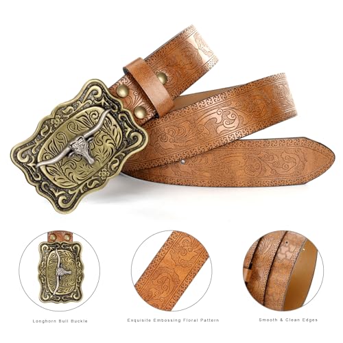Western-Cowboy-Belts for Men/Women - Mens Western Belt with Longhorn-Bull-Buckle Cowgirl-Country PU-Leather-Belt for Jeans3