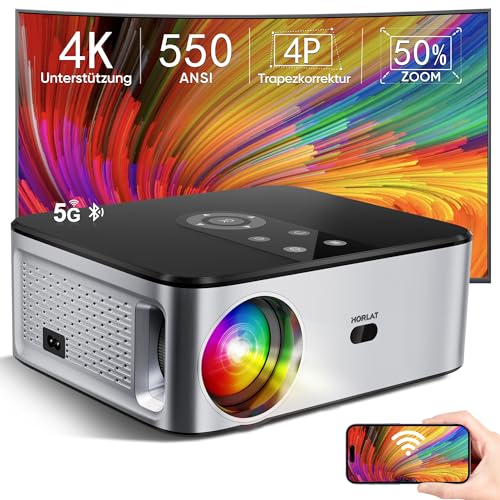 HORLAT Beamer 4K Heimkino Unterstützt, 18000 Lumen, Native 1080P WiFi Bluetooth Projektor, Auto/4P/4D Trapezkorrektur, 50% Zoom, Kompatibel mit iOS/Android/TV Stick