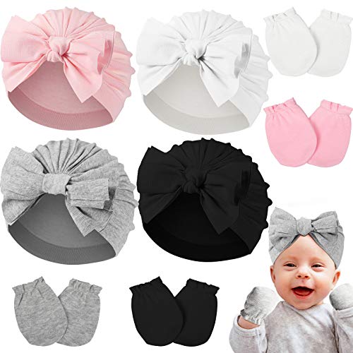 Newborn Girl Turban Hat Gloves Set, Include 4 Pieces Cotton Infant Girls Headwraps Toddler Hats and 4 Pairs Infant No Scratch Mittens Gloves (Bowknot Style)