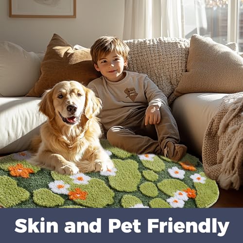 Green Floral Moss Bathroom Rug Bath Mat, Ultra Thick Soft 3D Aesthetic Decor Cute Tufted Bath Rugs, Non Slip Absorbent Washable Moss Carpet for Shower Floor Sink Bedroom, 20x32 Inch