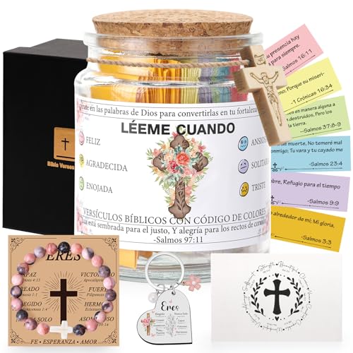 Christian Gift for Women, Spanish Read Me When Bible Verse Jar for Emotions and Feelings with Keychain Bracelet and Cross, Mothers Day Gifts for Mom, Birthday Gift for Women, Graduation Gifts for Her