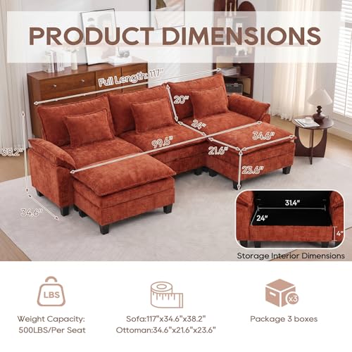 Image of IPKIG 117 inch Modular Cloud Couch with Storage, U Shaped Sectional Sofa with Ottoman & Pillow, Chenille Deep Seat Sectional Couches for Living Room, Apartment, Orange