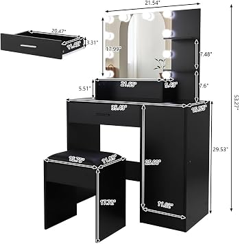 Black Vanity Desk with Lights, Vanity Makeup Desk with Cushioned Stool and Drawer Vanity Table Set with LED Mirror Dressing Table Makeup Vanity for Women, Girls