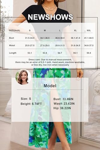 Newshows Womens Summer Dress Casual Vacation Short Sleeve V Neck Boho Beach Maxi Dresses Green Blue Abstract Flowers,M - Image 6