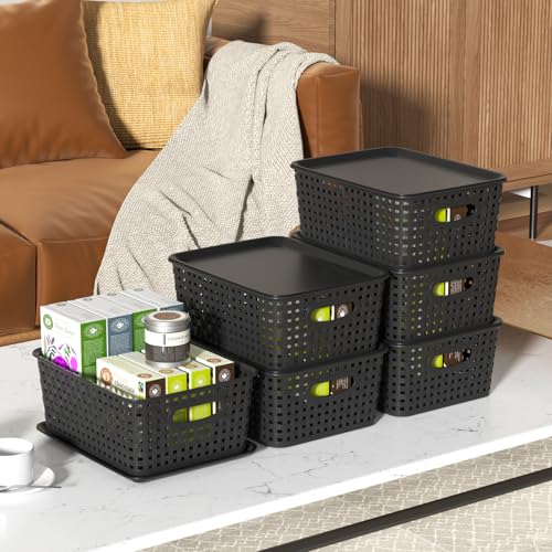 Cestas de almacenamiento con tapa de plástico negras en pack de 6 unidades para organizar 6