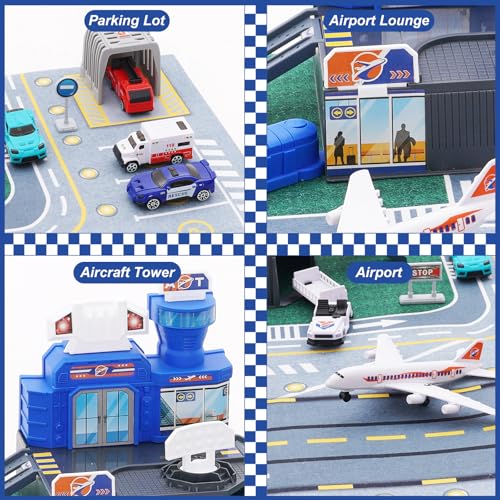 Flugzeug-Spielzeug für Kinder mit Hubschrauber, Lastwagen, Flugzeug, Schilder, Feuerwehrautos und Flughafen-Spielmatte, Parkgarage Spielset Geschenk für Kinder 3+ Jungen Mädchen