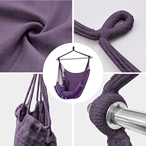 Gold Armour Hammock Chair Hanging Rope Swing Max 500Lbs, 2 Seat Cushions Included, Hanging Chair With Pocket-Quality Cotton Weave For Superior Comfort & Durability (Purple Violet) #TOP2