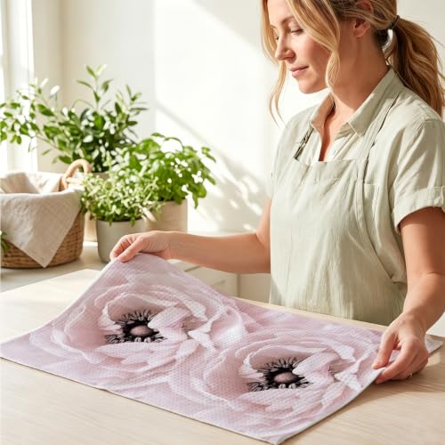Image of 3 Pcs Pink Hand Towels, Perfume Flower Decor Reusable Dish Towels | Fashion Gifts for Women Girls Mom Friend, Waffle Weave Microfiber Towels for Bathroom Home Decor 24x14 Inch