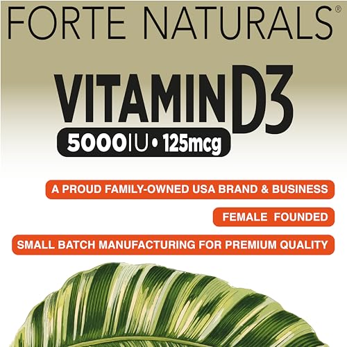 FORTE NATURALS Vitamin D3 5000 IU Supplement 125 mcg Soft Gels Specially for Sensitive Stomachs Supplements with Organic Olive Oil Best Vitamin D3 Supplement for Women & Men Made in USA