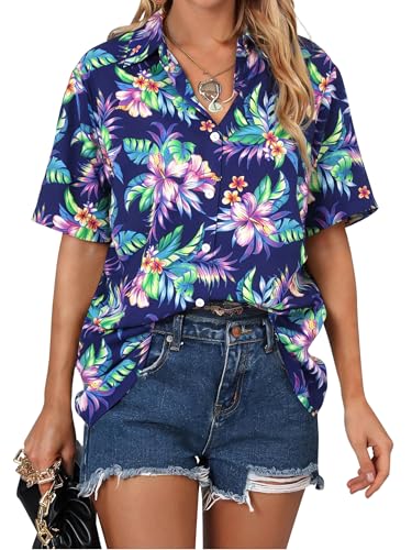 Image of ASTANFY Hawaiian Shirt Women Hawaii T-Shirt Tropical Floral Printed V Neck Shirts Soft Cool Summer Beach Button Up Blouse