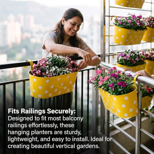 Image of TrustBasket Dotted Oval Railing Planters Basket - Yellow (Set of 5) | Heavy-Duty UV Stabilized Metal Flower Pots for Railings, Fence & Balcony, Indoor Outdoor Herb, Flower & Decorative Plants