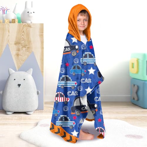 Image of Engineering Vehicle Boys Beach Towel with Hoodie for Kids Toddlers Age 4-8,Car Blue Bath Towels Shower Wrap for Boys, Hooded Poncho Beach Blanket for Pool Swimming Cute Wearable Bath Towel for Child