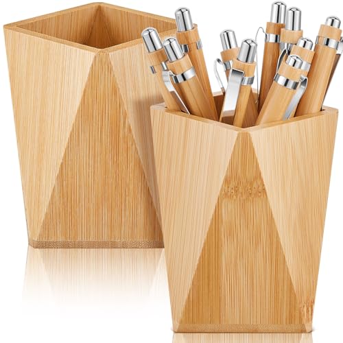 Henoyso 2 Pcs Bamboo Pen Pencil Holder Geometric Shape