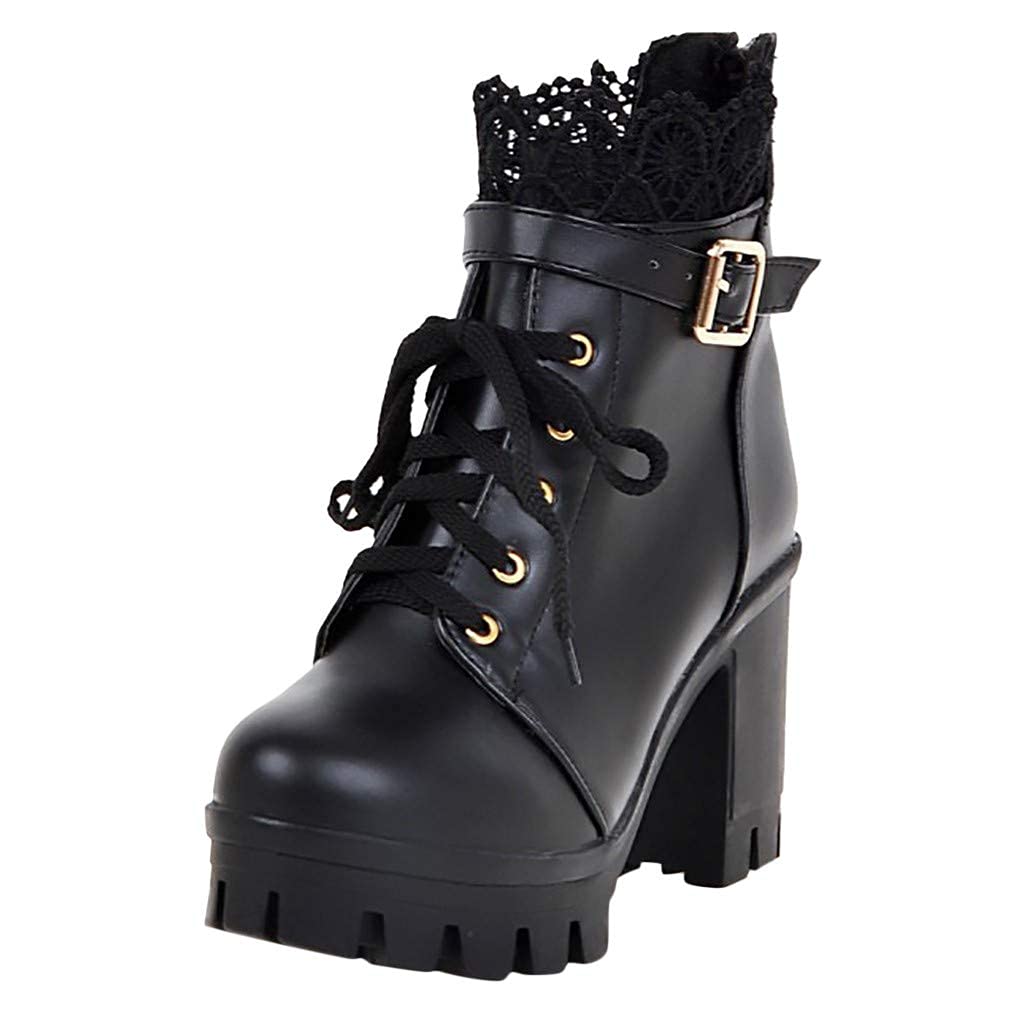 XHLEMON Low Heel Boots for Women Lace-Up Buckle Chunkcy Heel Booties with Side Zipper Riding Combat Boots Ankle Mid Calf Boot - 8.5 Black