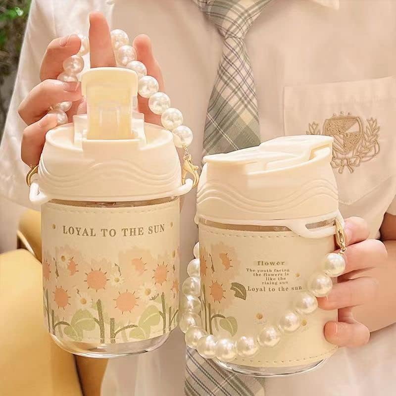 Image of Reusable Glass Coffee Sipper Mugs with Lid & Straw Pack of 1, 350ml Multipurpose Drinking Glasses Tumbler with Leather Sleeve Cup for Juice Smoothies Iced Tea Home & Travel (Moti Mug)