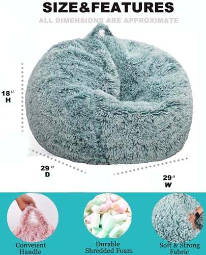 Image of Fluffy Bean Bag Chair for Kids, 2.5FT Round Memory Foam Filled Bean Bag for Teens & Kids, Ultra Soft Faux Fur Fabric Bean Bag Chairs for Playroom, Living Room, Bedroom, Dark Green