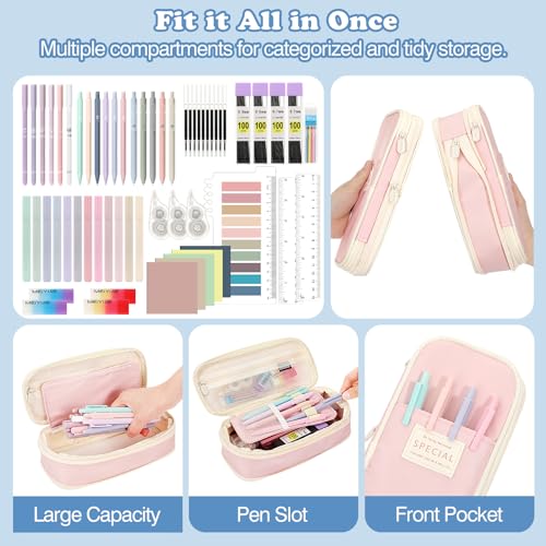 Image of MoKo 60Pcs Aesthetic School Supplies with Cute Pencil Case,12 Pastel Highlighters,5 Black Ink Gel Pens,6 Mechanical Pencil Set 0.5 & 0.7 mm for Students Stationary College Essentials