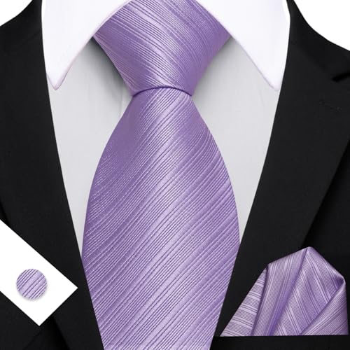 Image of Barry.Wang Solid Striped Tie for Men Silk Necktie Pocket Square Cufflinks Formal Wedding Party Business