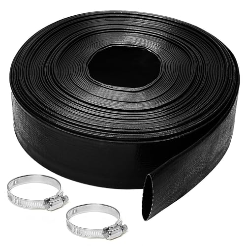 Gonioa 2 inches x 100 FT Heavy-Duty PVC Swimming Pool Backwash Hose Reinforced Discharge Hose with Clamp for Swimming Pools Black