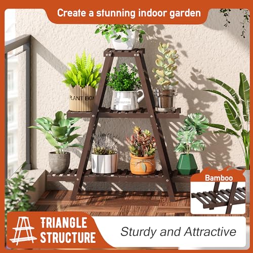 GHWIE Plant Stand Indoor Plant Shelf Outdoor bamboo Plant Rack, 3 Tiers Ladder Plant Holder Flower Stand for Living Room Balcony Garden Patio,Living Room Boho Home Decor for Gardening Gifts (Brown) by GHWIE - Used condition - Image 2