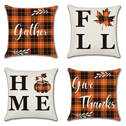 Sungeek Fundas Cojines de Otoño Fundas de Cojínes Decoración del Hogar de Lino para Granja Calabaza Plaid Naranja Hoja de Arce Fundas de Almohada Cojines Fundas para Sofá, Paquete de 4 (50x50cm) Cover