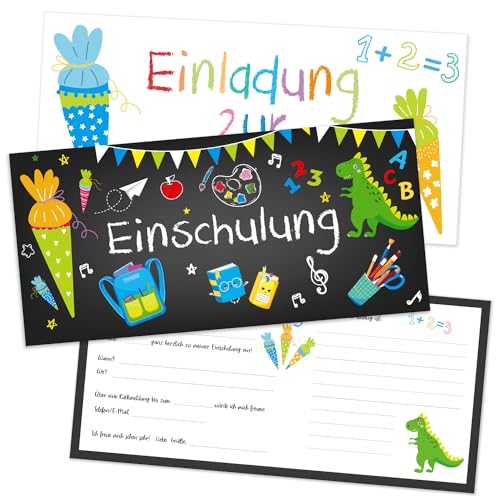 Capaneus 12pcs Einladungskarten Einschulung Dino, Einschulung Einladung Junge mit Umschlag, Einladungen zum Schulanfang mit Dino Motiv, Einladungskarten für Kinder zum Schulbeginn
