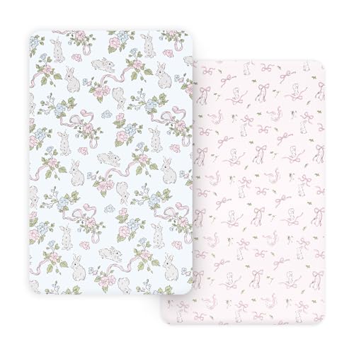 Image of PHF Soft Mini Crib Sheet Set, 2 Pack Silky Comfy Pack N Play Sheets for Girls, Universal Fit for Pack N Play, Playard and Mini Crib Mattresses, Rabbit & Floral