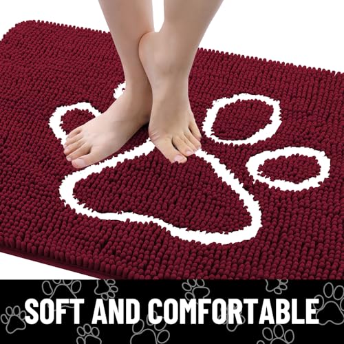 Image of Smiry Dog Door Mat for Muddy Paws, Absorbent Dirt Trapper Non Slip Quick Dry Washable Chenille Mat for Mud Dogs, Entry Rug for Indoor and Outdoor (24x16 Inches, Burgundy and White)