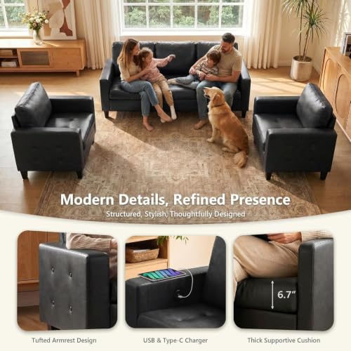 Image of STHOUYN Black Faux Leather 3 Seater Sofa Couch and Loveseat Set (3+2) | STHOUYN, Modern, Comfy, Tufted Armrest, USB Charger, 2 Pieces Living Room Furniture Sets, Office