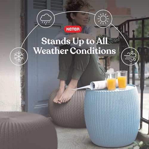 Image of Keter Urban Knit Pouf Ottoman Set of 2 with Storage Table for Patio and Room Decor - Perfect for Balcony, Deck, and Outdoor Seating, Misty Blue & Taupe