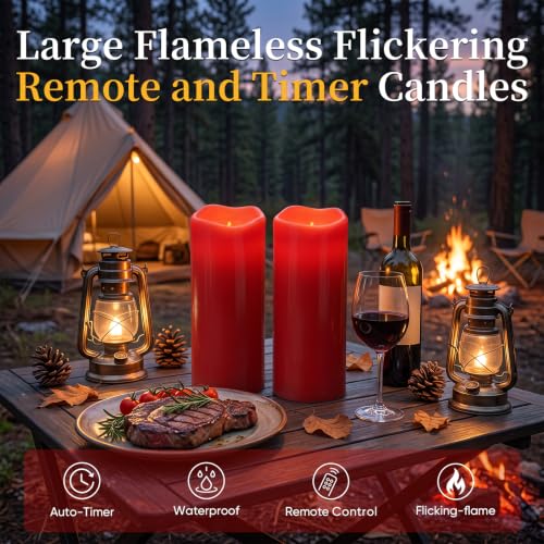 Image of 5plots 4 inchx10 inch Large Waterproof Flameless Candles Red LED Pillar Set of 2 | Battery operated LED candles with remote timer, realistic flicker, ideal design for patio, porch, lanterns & Christmas decor