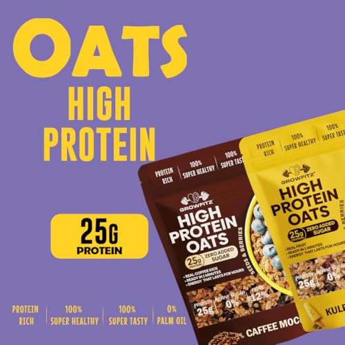 Image of GrowFitz 25g High Protein Oats 800 Gram, Pack of 2 | Coffee Mocha & Kulfi Flavor Combo Breakfast Oatmeal | 17g High Fiber, Almonds, Raisin, Pumpkin, Chia Seeds, Super Rolled Oats | No Added Sugar