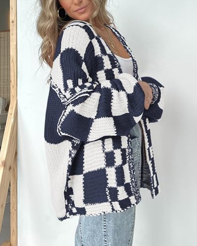 Image of BTFBM Casual Cardigan Sweater for Women Fall 2026 Long Sleeve Open Front Chunky Knit Sweaters Checkered Outwear Coat